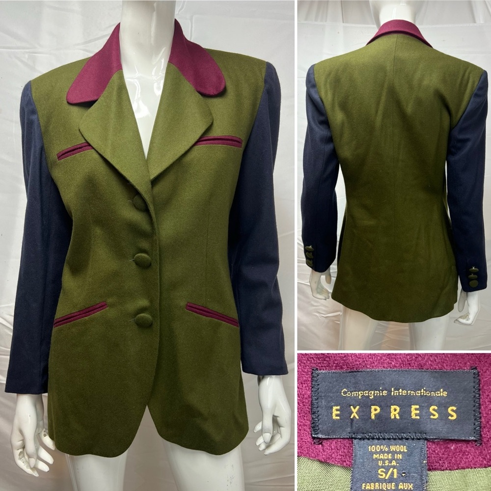 EXPRESS Vintage Y2K 90s Women's S Wool Olive Green Navy Wine Red Blazer Jacket